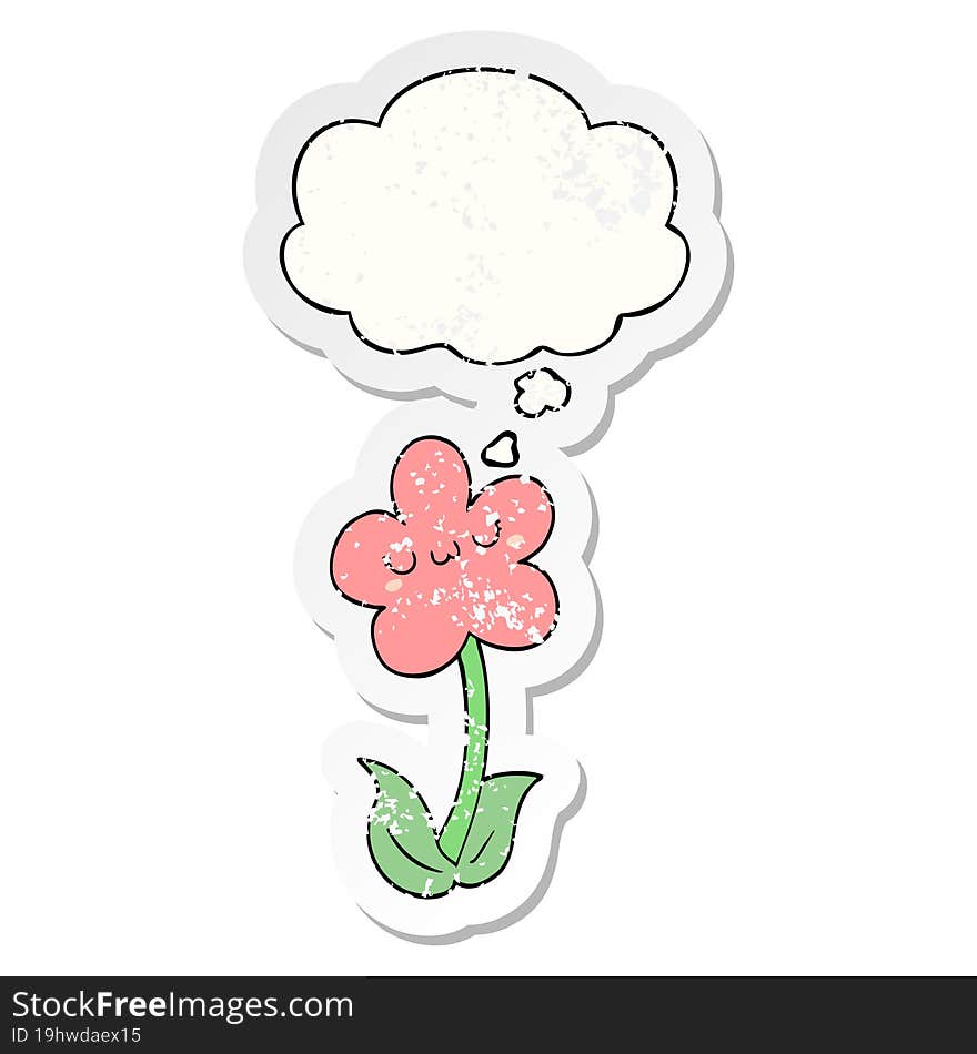 cartoon flower and thought bubble as a distressed worn sticker