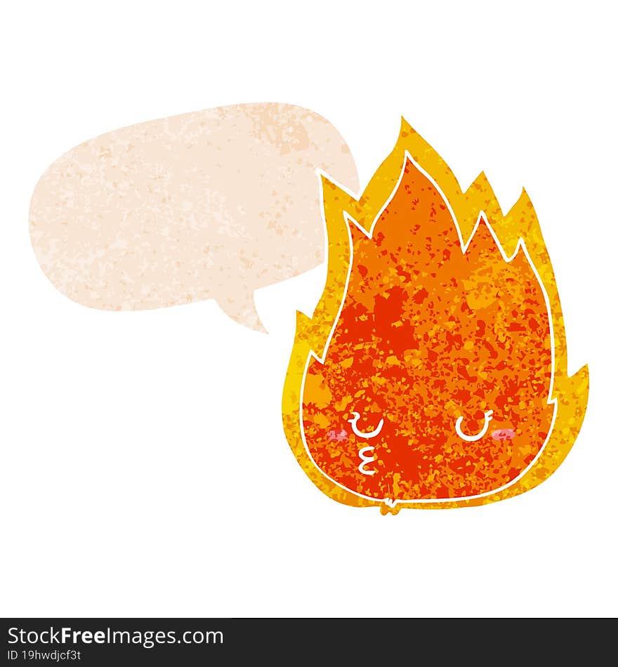 cute cartoon fire and speech bubble in retro textured style