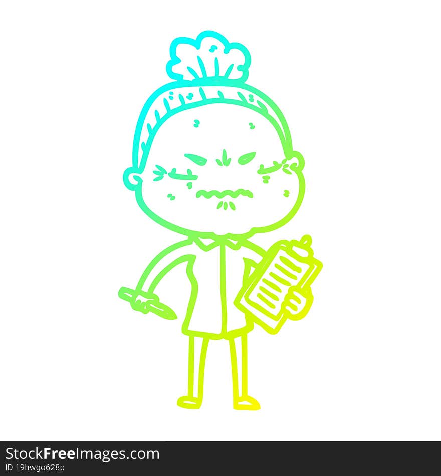 cold gradient line drawing cartoon annoyed old lady