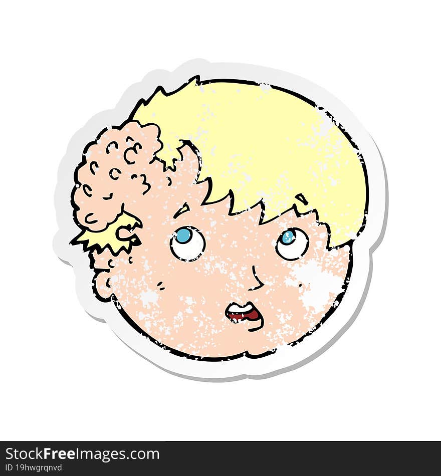 Retro Distressed Sticker Of A Cartoon Boy With Ugly Growth On Head