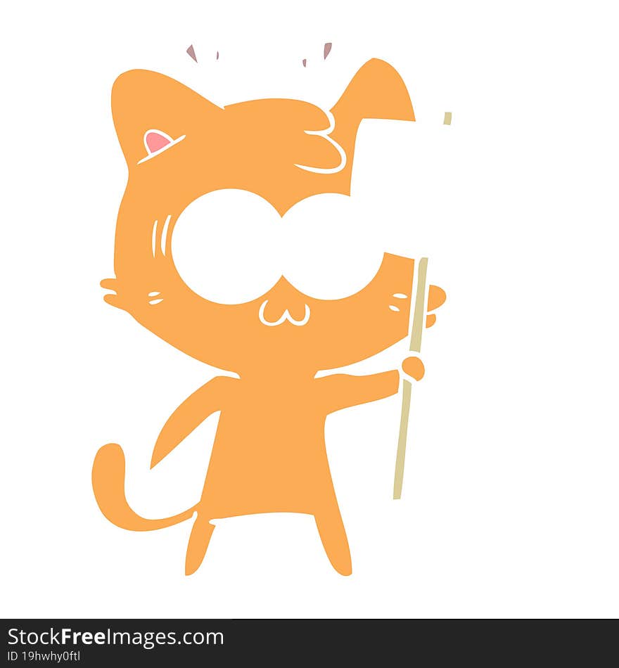 Flat Color Style Cartoon Surprised Cat Waving Sign