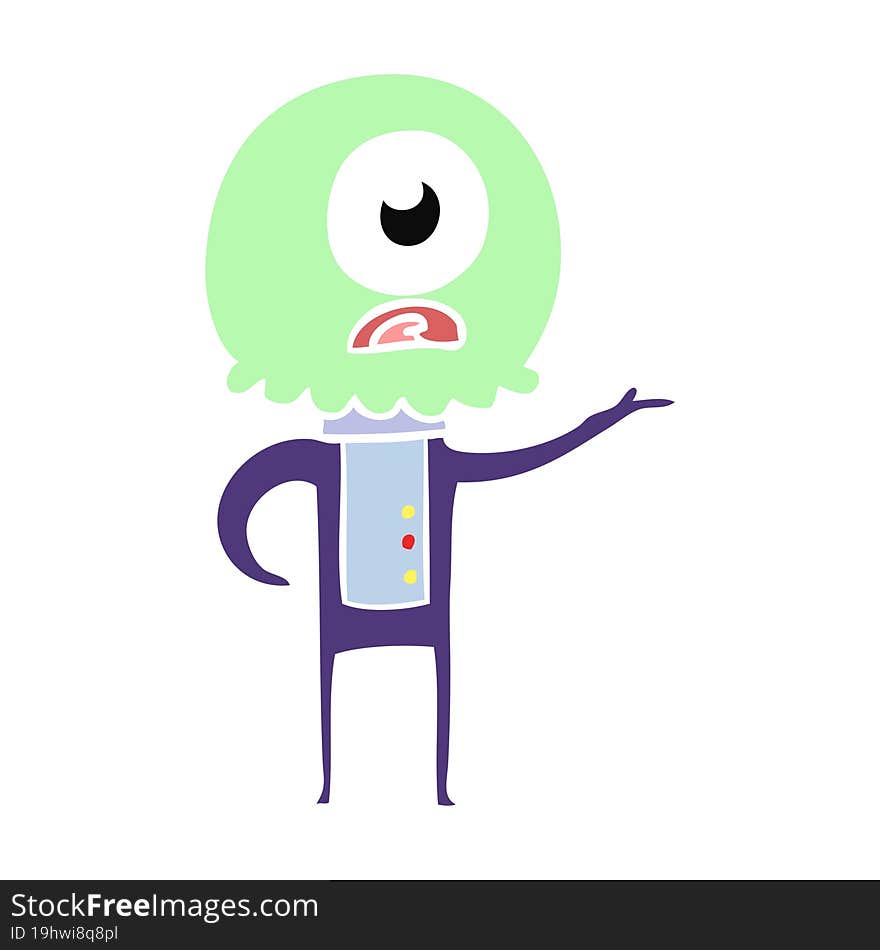 flat color style cartoon cyclops alien spaceman explaining