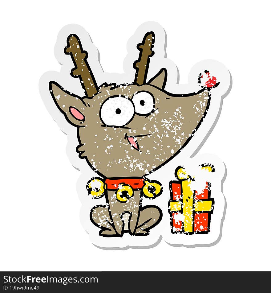 distressed sticker of a cartoon christmas reindeer