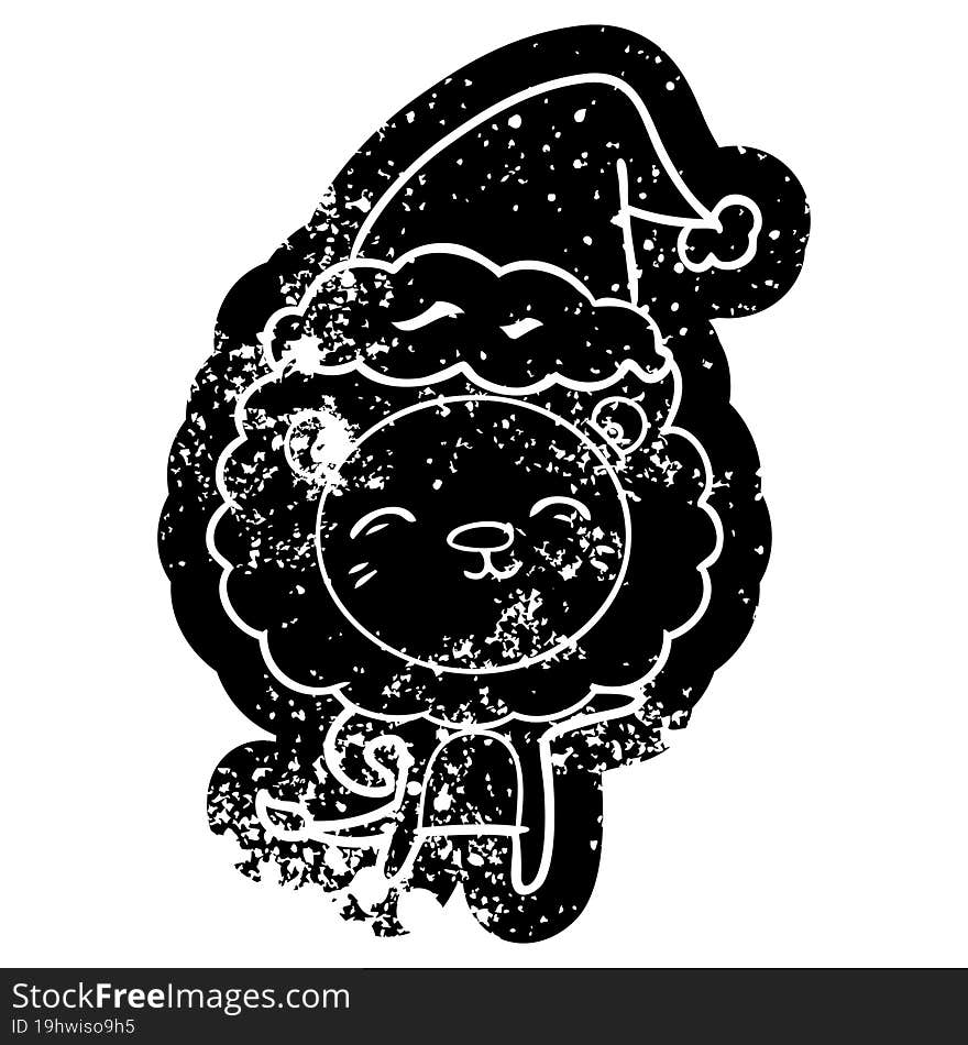 cartoon distressed icon of a lion wearing santa hat