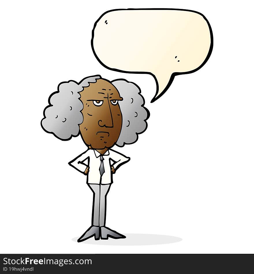 cartoon big hair lecturer man with speech bubble