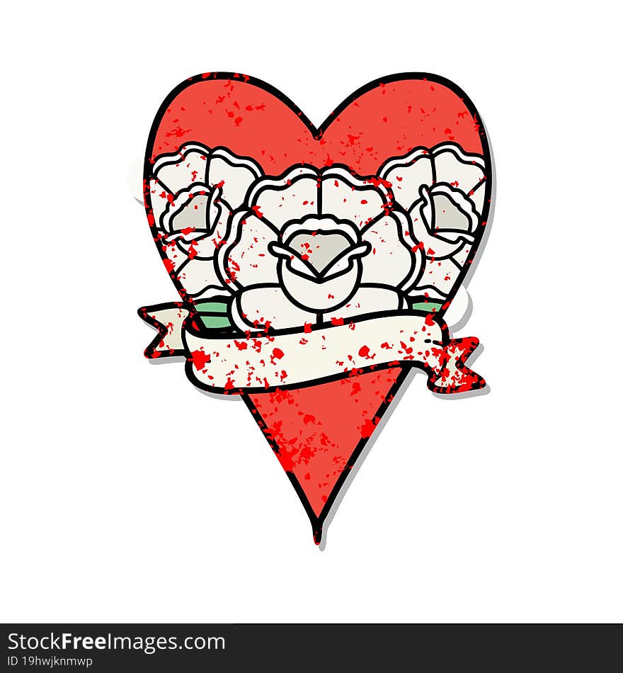 traditional distressed sticker tattoo of a heart and banner with flowers