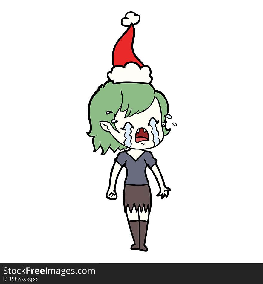 Line Drawing Of A Crying Vampire Girl Wearing Santa Hat