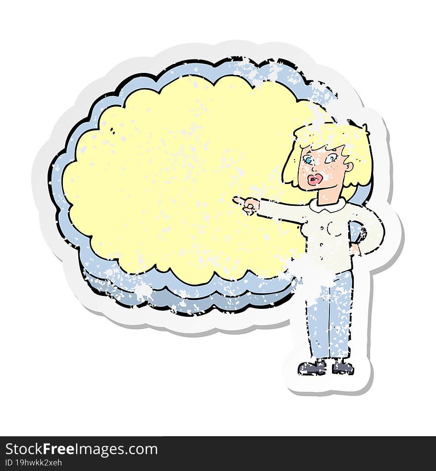 retro distressed sticker of a cartoon woman with text cloud space