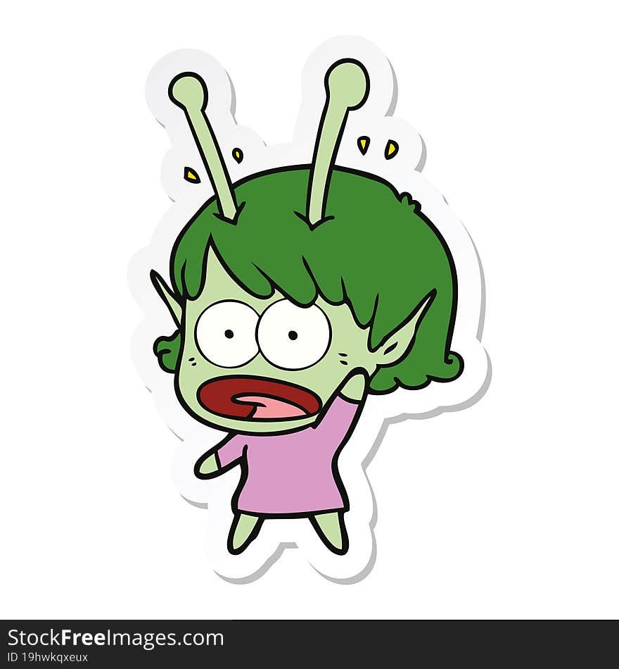 sticker of a cartoon shocked alien girl