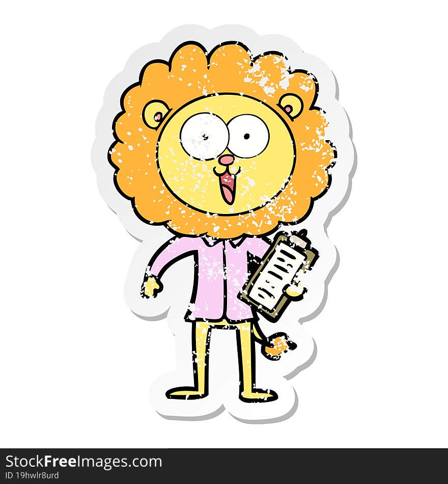 distressed sticker of a happy cartoon lion