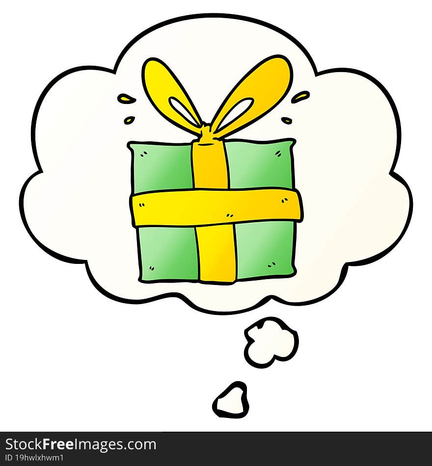 Cartoon Wrapped Gift And Thought Bubble In Smooth Gradient Style