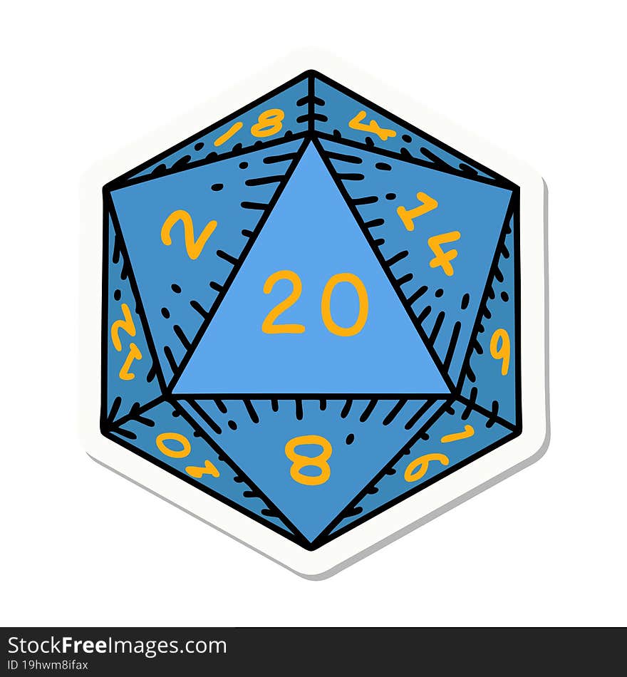 sticker of a natural 20 D20 dice roll. sticker of a natural 20 D20 dice roll