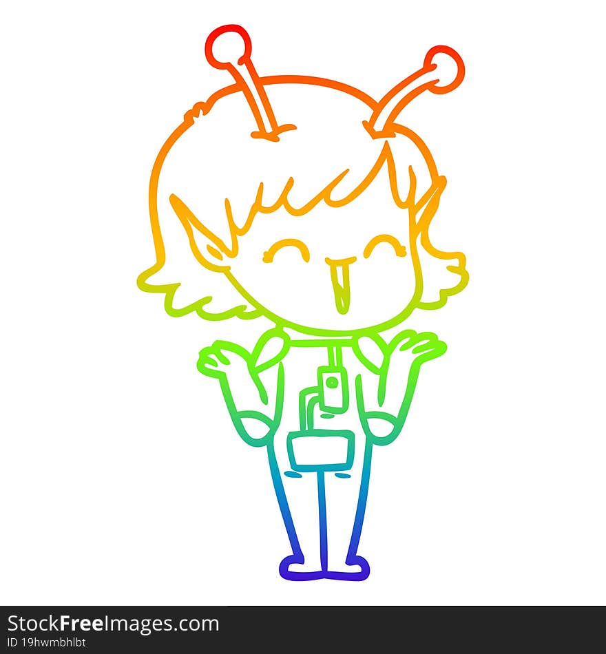 rainbow gradient line drawing cartoon alien girl laughing