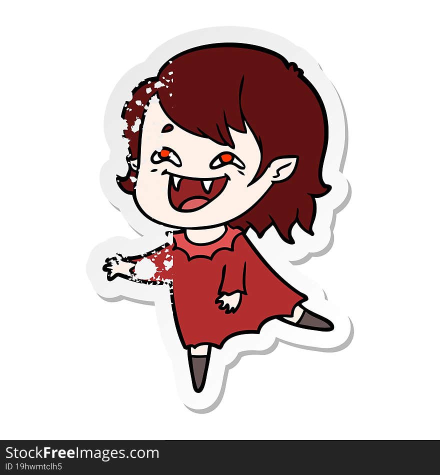 distressed sticker of a cartoon laughing vampire girl