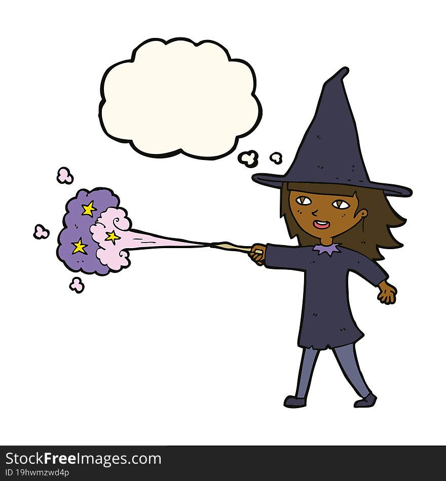 cartoon witch girl casting spell with thought bubble