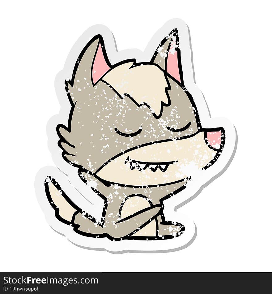 distressed sticker of a friendly cartoon wolf sitting