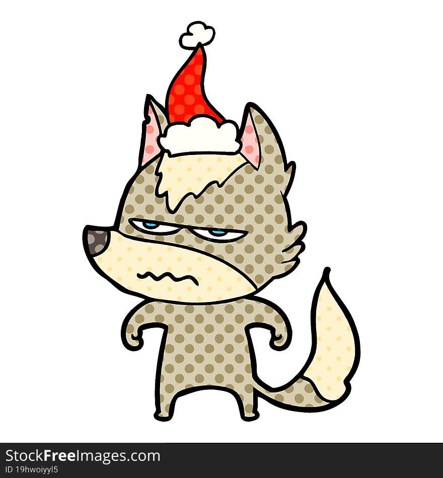 comic book style illustration of a annoyed wolf wearing santa hat