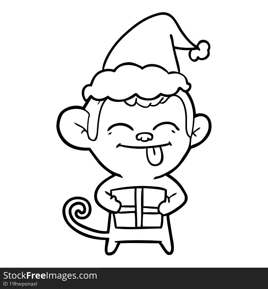 funny line drawing of a monkey with christmas present wearing santa hat