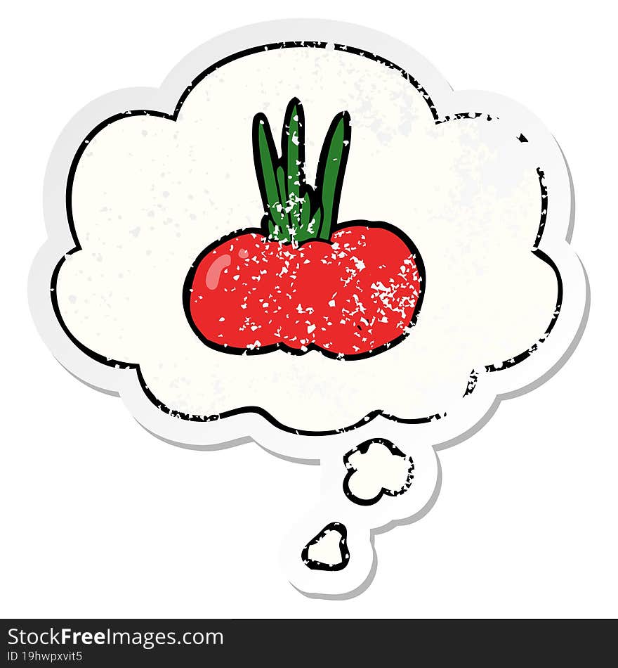 cartoon vegetable with thought bubble as a distressed worn sticker