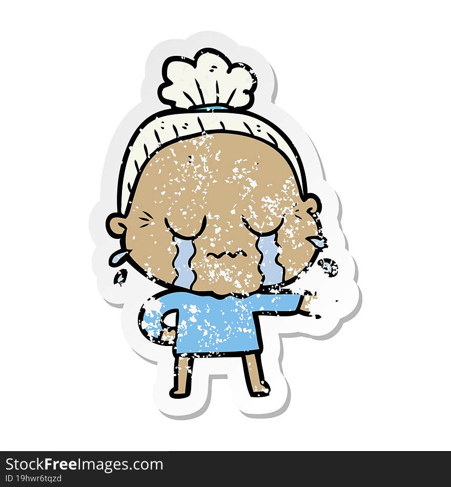 distressed sticker of a cartoon crying old lady