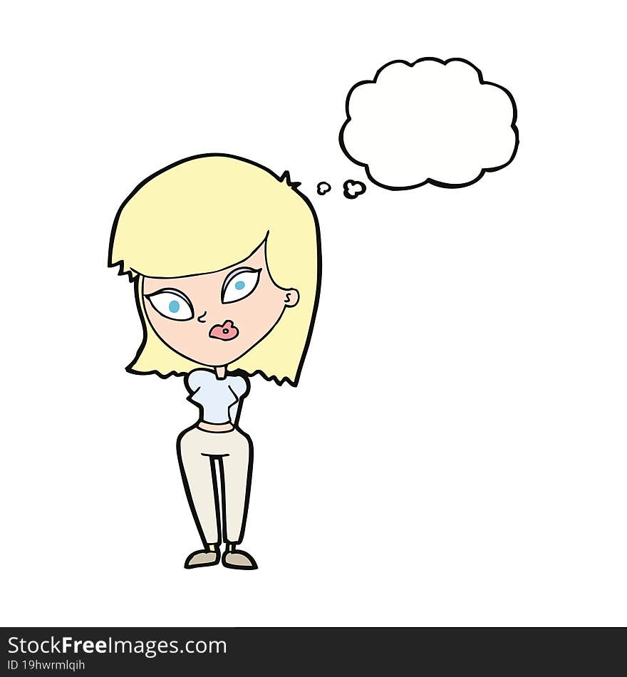 cartoon confused woman with thought bubble