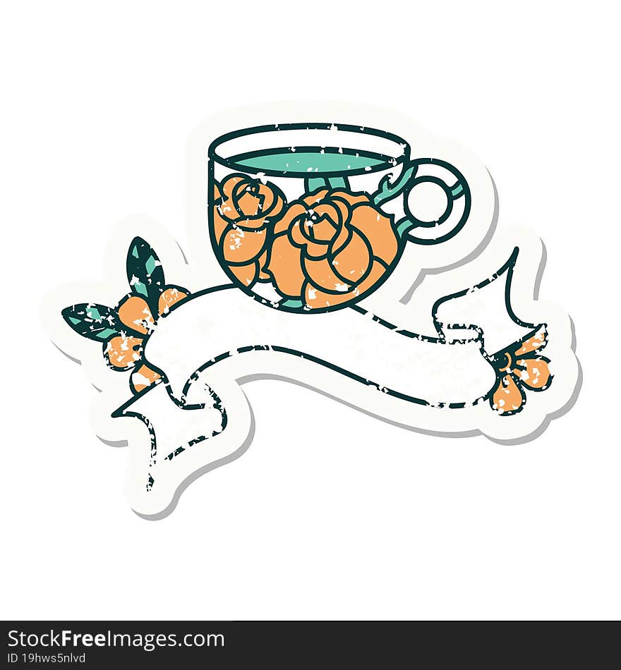 Grunge Sticker With Banner Of A Cup And Flowers