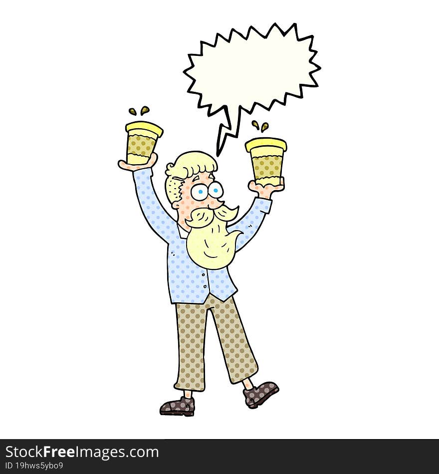 freehand drawn comic book speech bubble cartoon man with coffee cups