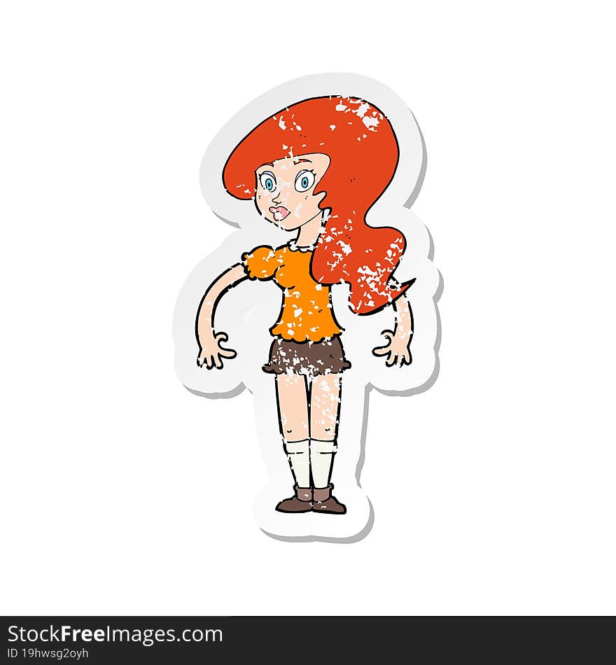 retro distressed sticker of a cartoon pretty woman