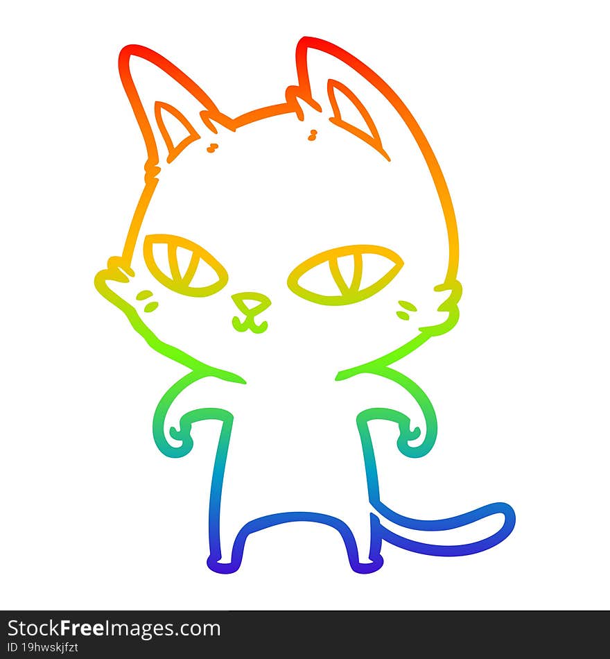 Rainbow Gradient Line Drawing Cartoon Cat With Bright Eyes