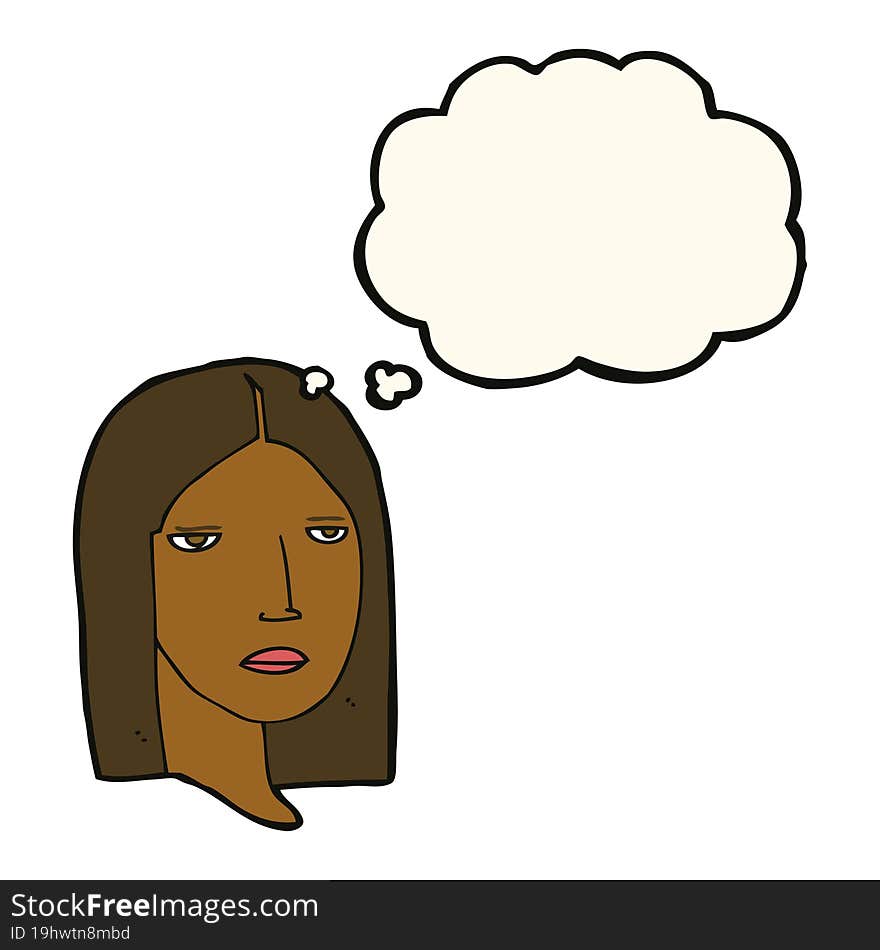 cartoon serious woman with thought bubble