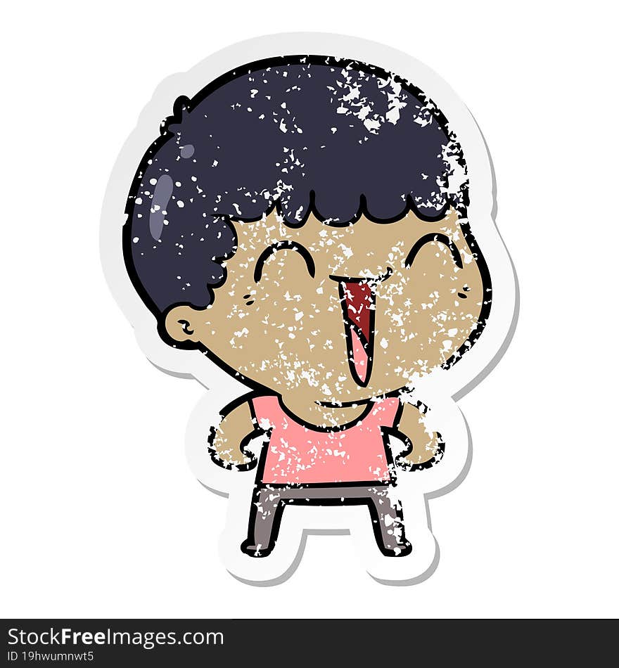 distressed sticker of a cartoon happy man