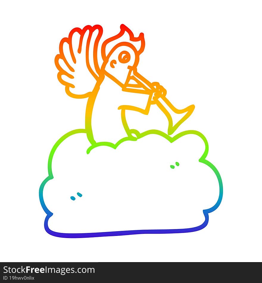 Rainbow Gradient Line Drawing Cartoon Angel On Cloud With Trumpet