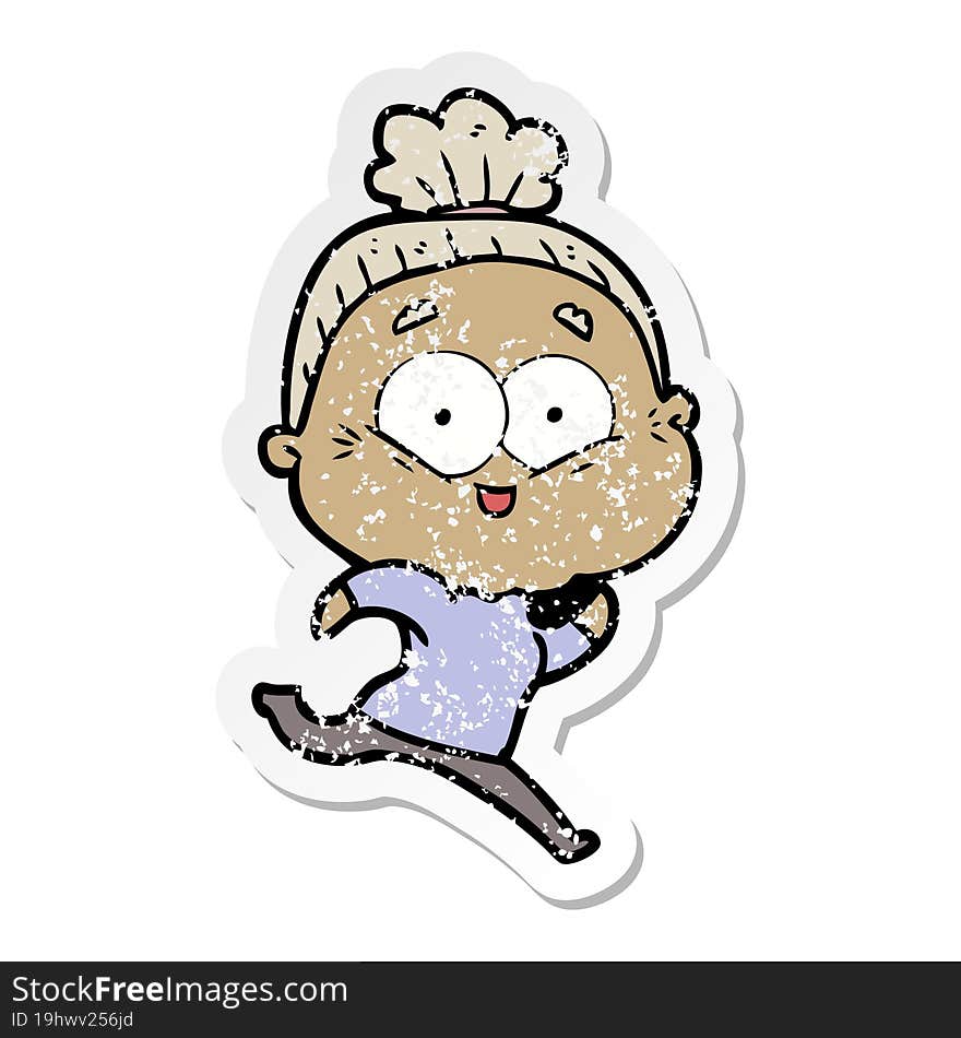 distressed sticker of a cartoon happy old woman