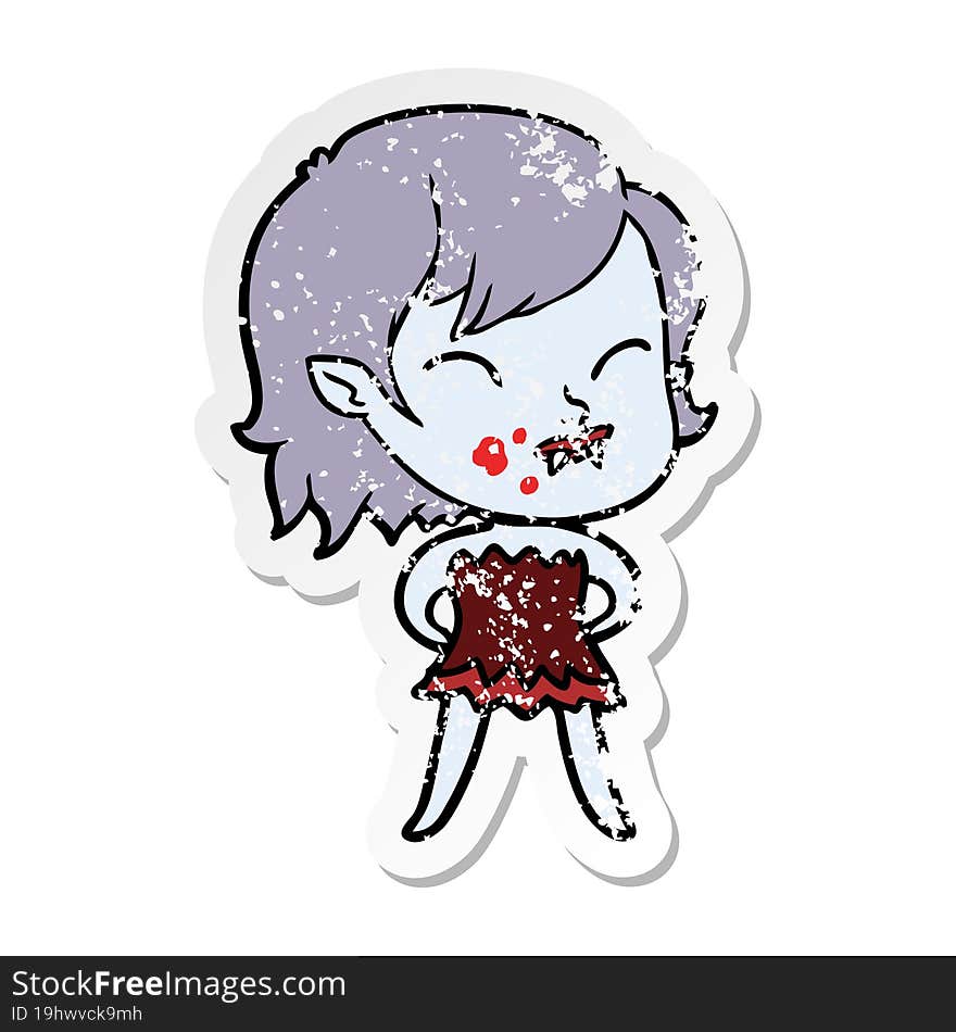 Distressed Sticker Of A Cartoon Vampire Girl With Blood On Cheek