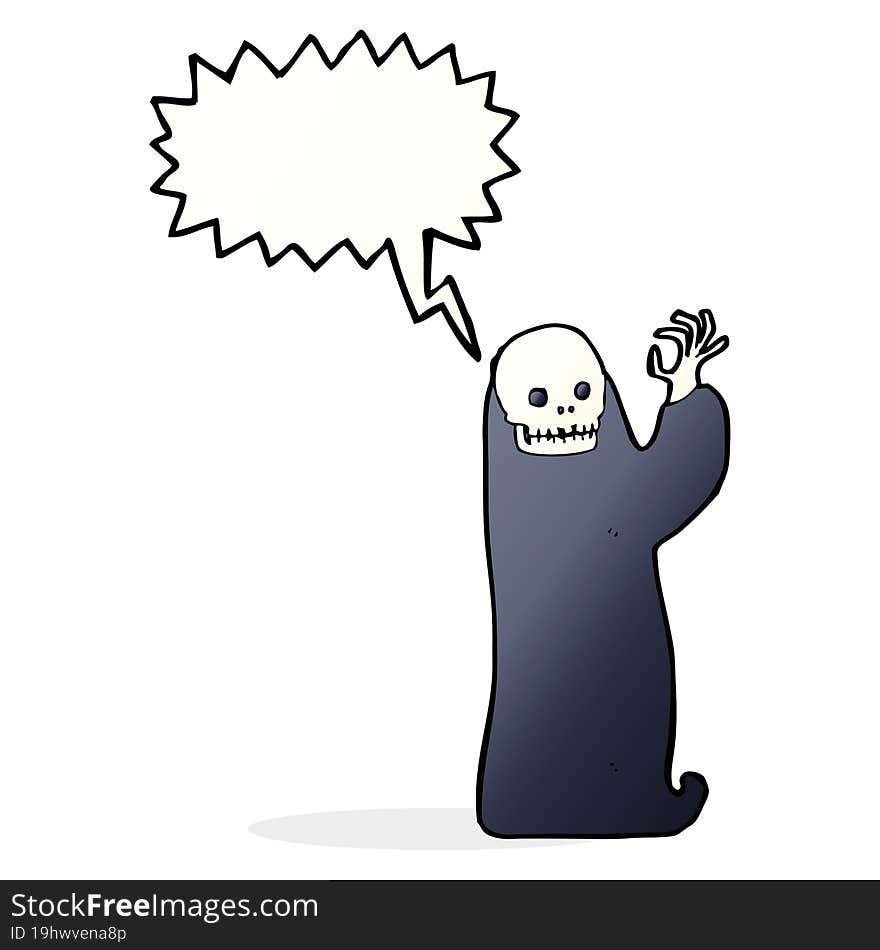 cartoon waving halloween ghoul with speech bubble