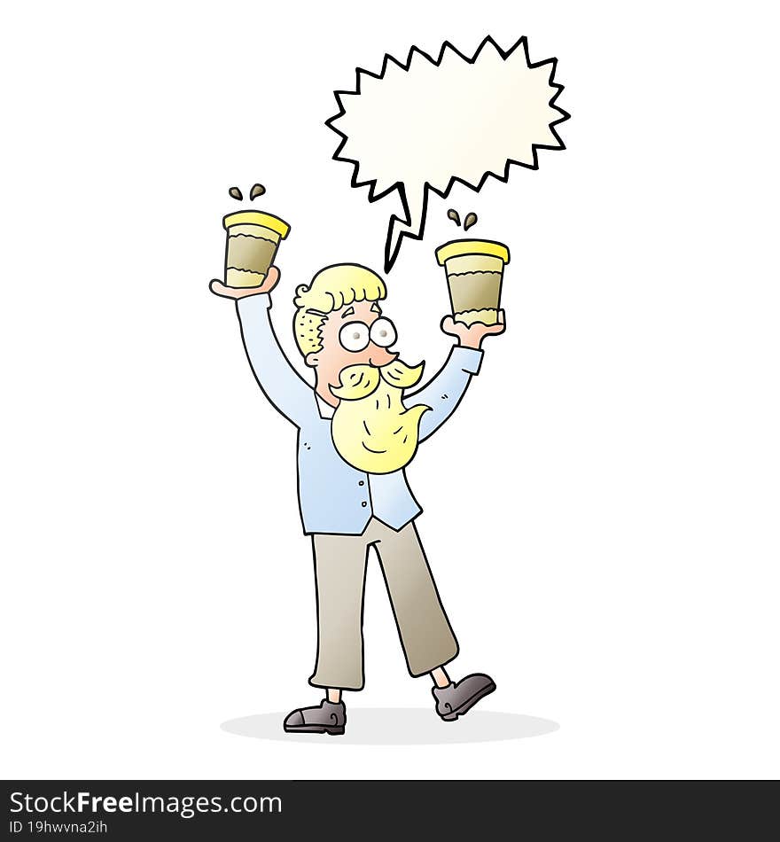 speech bubble cartoon man with coffee cups