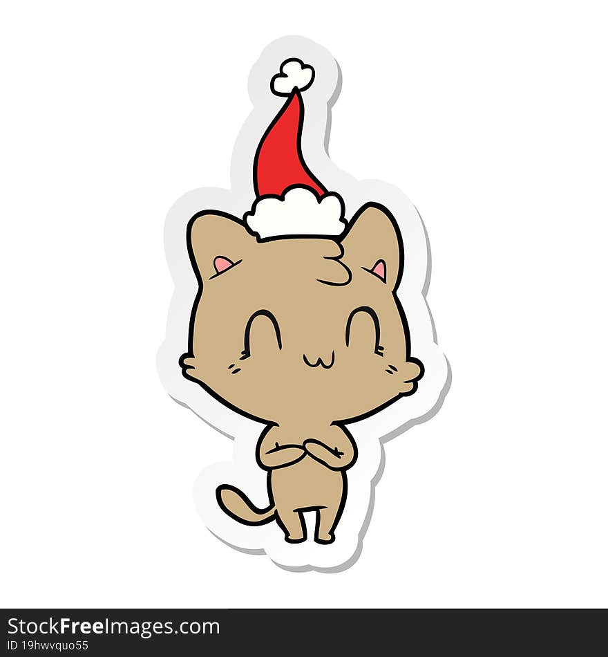 Sticker Cartoon Of A Happy Cat Wearing Santa Hat