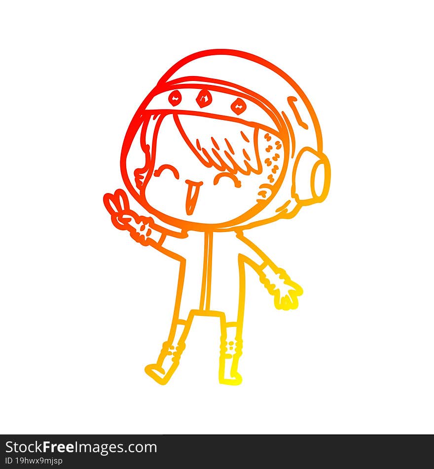 warm gradient line drawing of a happy cartoon space girl giving peace sign