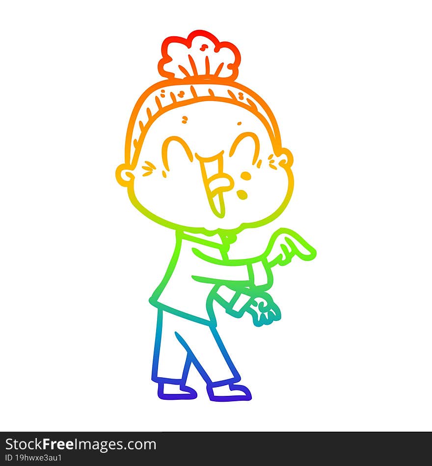 rainbow gradient line drawing of a cartoon happy old woman