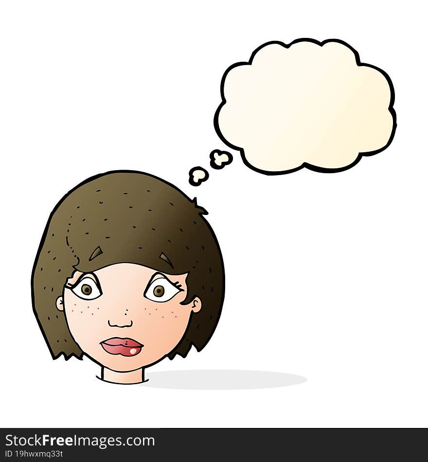 cartoon worried female face with thought bubble