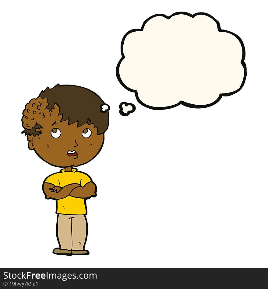 cartoon boy with growth on head with thought bubble