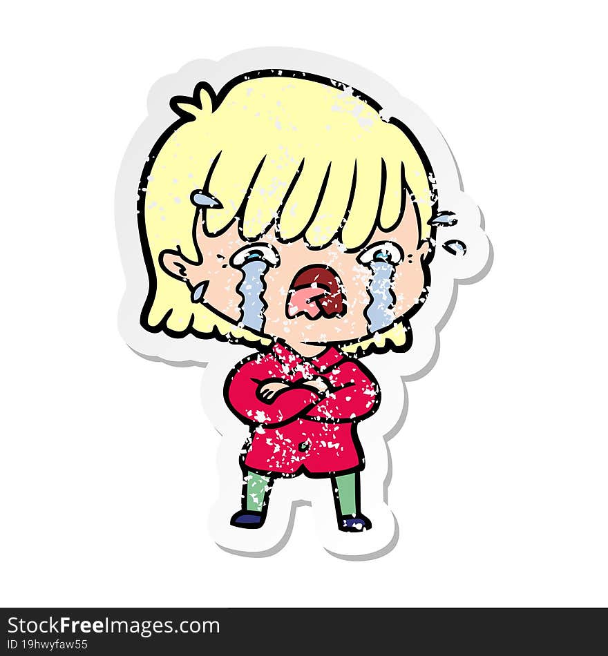 distressed sticker of a cartoon girl crying