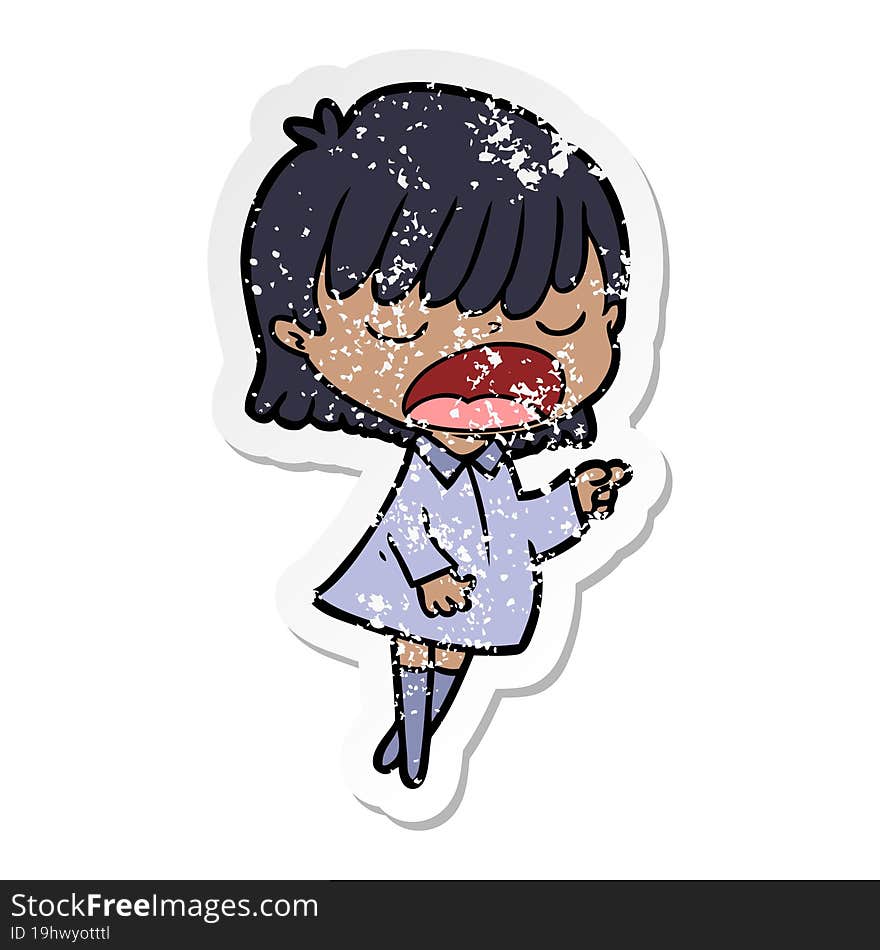 distressed sticker of a cartoon woman talking loudly