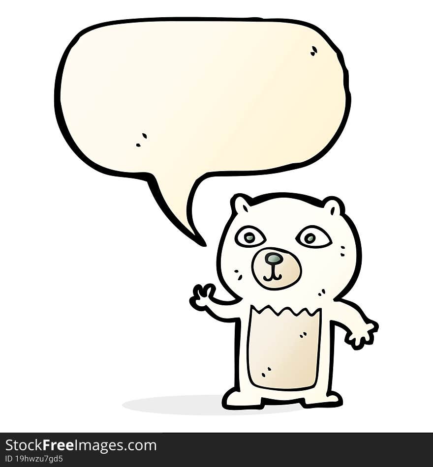 cartoon waving polar bear cub with speech bubble