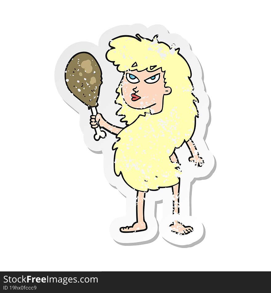 retro distressed sticker of a cartoon cavewoman with meat