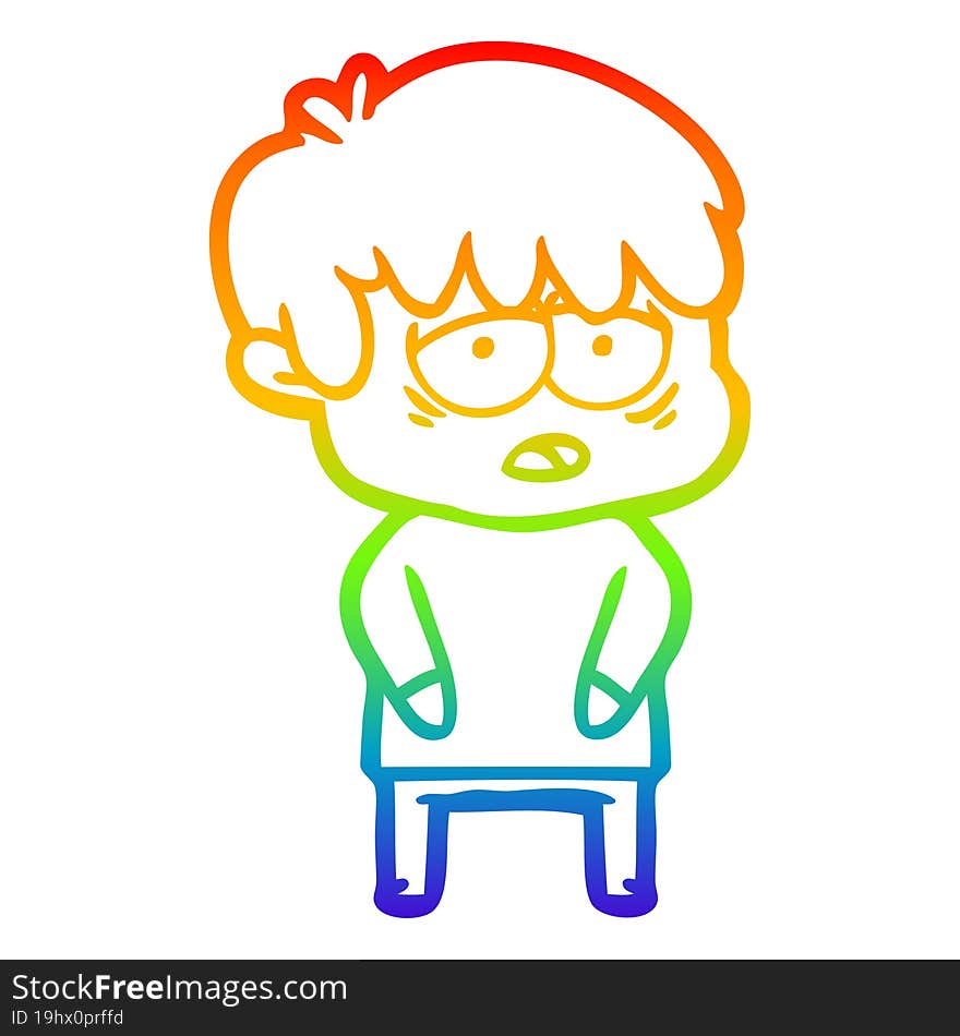 rainbow gradient line drawing of a cartoon exhausted boy