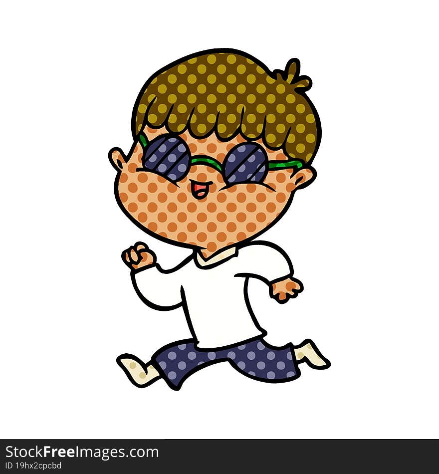 cartoon boy wearing sunglasses and running. cartoon boy wearing sunglasses and running