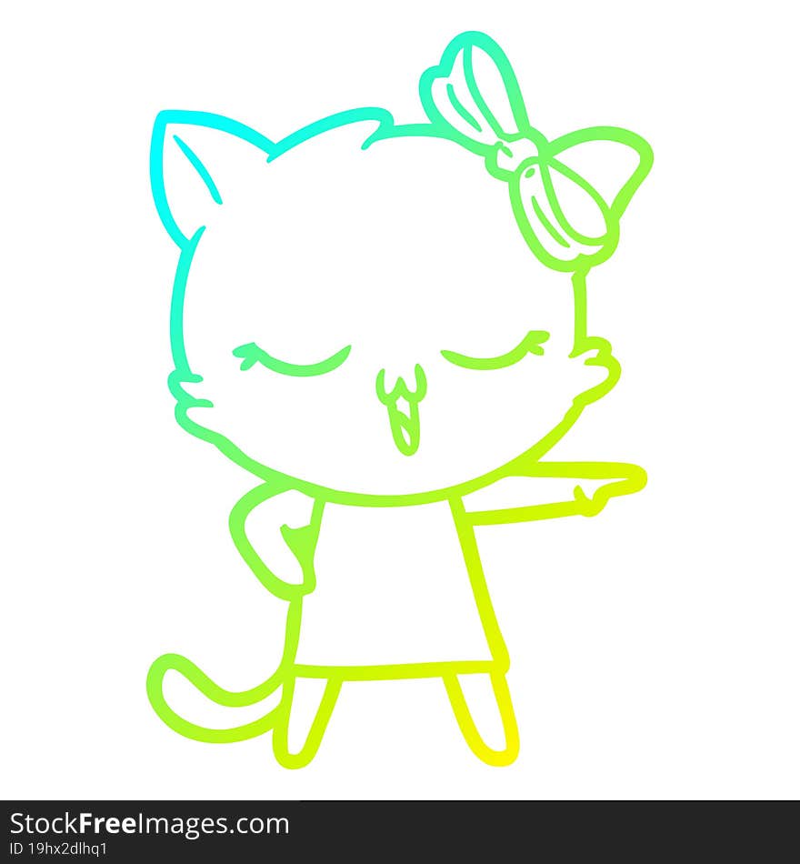 cold gradient line drawing cartoon cat with bow on head