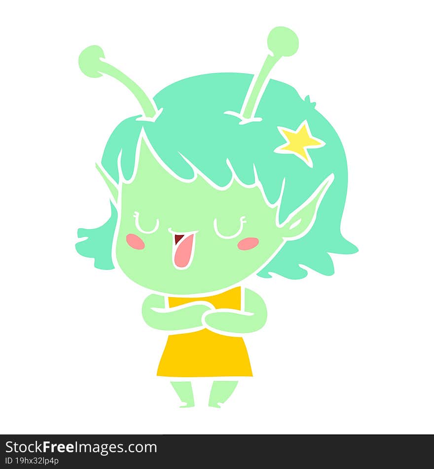 happy alien girl flat color style cartoon