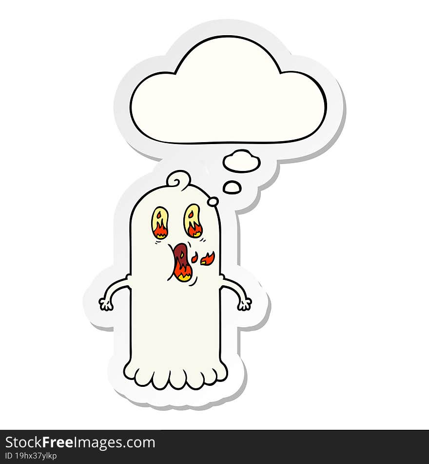 cartoon ghost with flaming eyes with thought bubble as a printed sticker